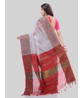 DESH BIDESH Women`s Tant Cotton Silk Handloom Cotton Saree Pushpomala With Blouse Piece(Grey Red)